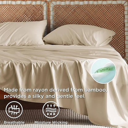 Bedsure California King Sheet Sets, Cooling Sheets for Hot Sleepers, Rayon Derived from Bamboo, Deep Pocket Up to 16 Inches, Breathable & Soft, Hotel Luxury Silky Bedding, Beige