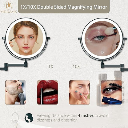 Rechargeable Wall Mounted Lighted Makeup Vanity Mirror 8 Inch Double Sided 1X 10X Magnifying Bathroom Mirror, 3 Color Lighting, Touch Screen Dimming, 360 Rotation Shaving Matte Black