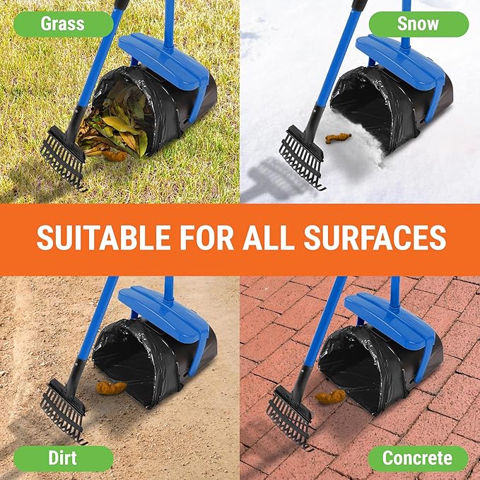 Dog Pooper Scooper with Bag Attachment, 40" Long Handle Pooper Scooper for Large Dogs, Dog Poop Scoop for Yard, Large Capacity Swivel Bin and Rake, Lavender Scented Bags (Blue)-Mewly Pet