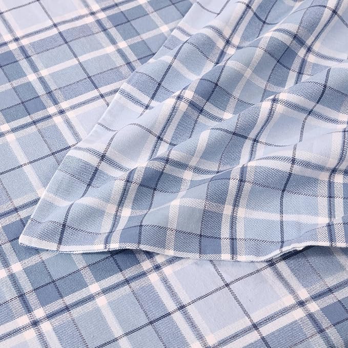 Laura Ashley - Flannel Sheets Twin Size, Anti-Pilling & Wrinkle Resistant Cotton, Touchably Soft for All-Season Comfort - Bed Sheets with Matching Pillowcase & Fitted Sheet (Muholland Plaid Blue)