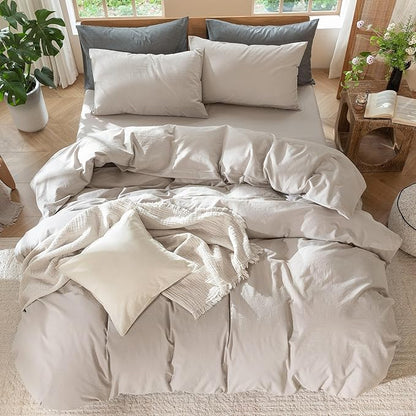 MooMee Bedding Duvet Cover Set 100% Washed Cotton Linen Like Textured Breathable Durable Soft Comfy (Solid Light Tan, Full 80"x90")