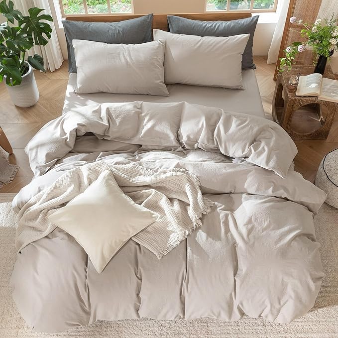 MooMee Bedding Duvet Cover Set 100% Washed Cotton Linen Like Textured Breathable Durable Soft Comfy (Solid Light Tan, Super King 108"x98")