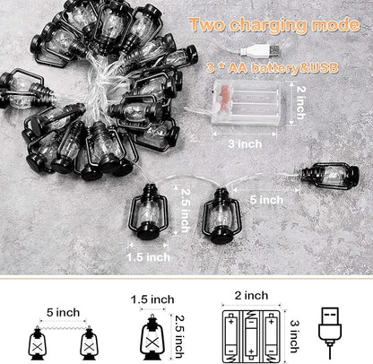 AceList 20 LED Black Lantern String Lights Mini Kerosene Lamp for Indoor Outdoor Patio Garden Holiday Home Ramadan Wedding Party Christmas Tree New Year Decorations(Warm White Light)