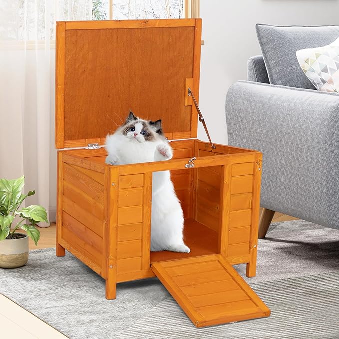 COZIWOW 24inches Wooden Catio Outdoor Cat House Small Animal House，Rabbit Hutch Indoor，Stable Weatherproof Bunny Cage Pet Shelter for Small Cat Dog Rabbit Guinea Pig(Orange)-Mewly Pet
