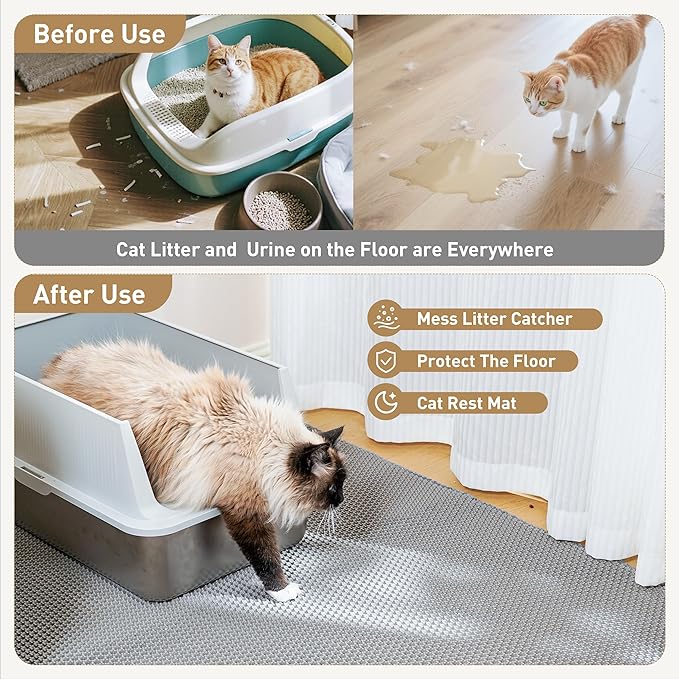 Large Cat Litter Mat for Litter Box, 47"×27.5" Double Layer Trapping Mat, Non-Slip Water Proof Kitty Litter Pad, Grey-Mewly Pet