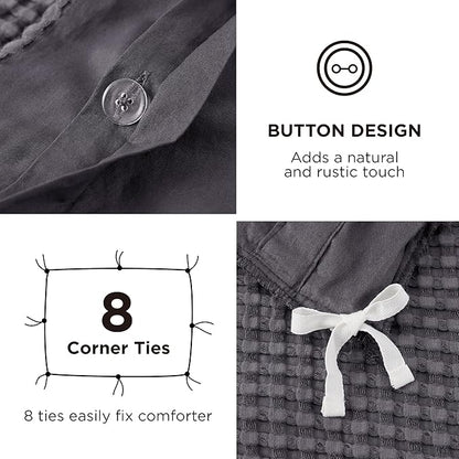 Bedsure Cooling Waffle Duvet Cover King - Cotton Blend Rayon Derived from Bamboo Duvet Cover Set for Hot Sleepers, Breathable Bedding Set with a Vintage Charm, 3 Pieces (Charcoal, King, 104"x90")
