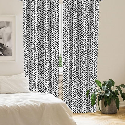 Ambesonne Black and White Window Curtains Pack of 2, Modern Grunge Botany Motif Monochrome Brush Paint Style Strokes, Lightweight Set with Rod Pocket, 4 Panels of - 28" x 84", White and Black