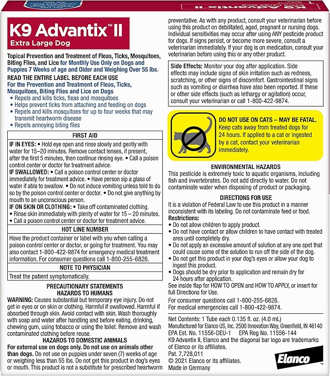 K9 Advantix II XL Dog Vet-Recommended Flea, Tick & Mosquito Treatment & Prevention | Dogs Over 55 lbs. | 1-Mo Supply-Mewly Pet