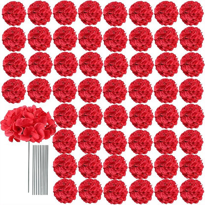 AVIVIHO 65pcs Fake Flowers Red Hydrangea Artificial Flowers Bulk (Not Squished, No Steaming Need) Fake Hydrangeas Silk Flowers with Stems for Party Home,Indoor or Outdoor, DIY Florals Decorations