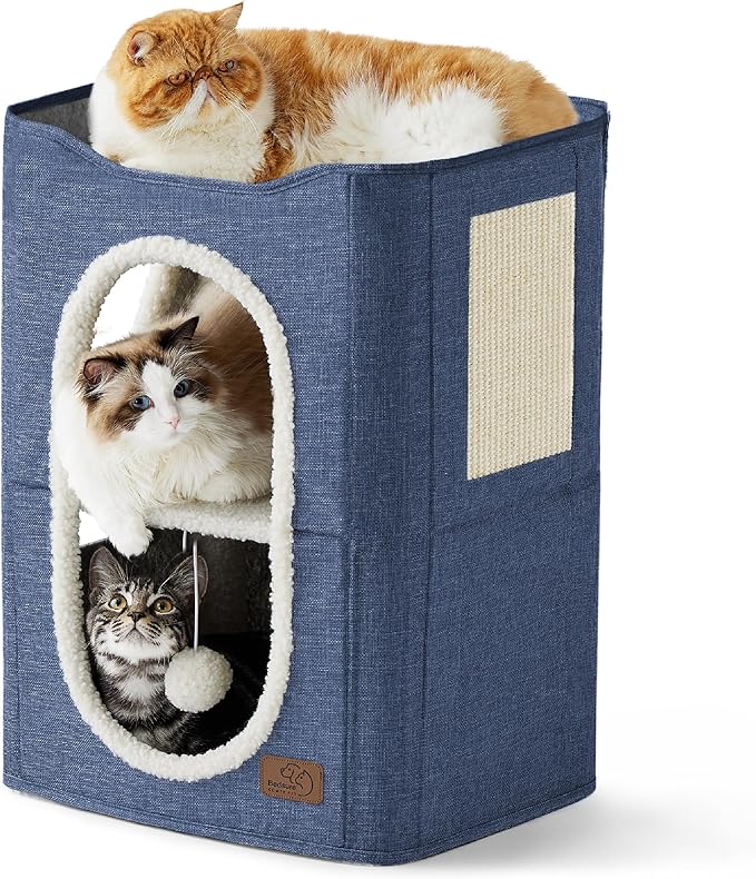 Bedsure 2 Story Cat House - Cat Condos for Indoor Cats with Scratch Pad and Fluffy Ball Hanging, Small Pet Cave Furniture Hideaway for Multi Pets, 18x14x23 inches, Blue-Mewly Pet