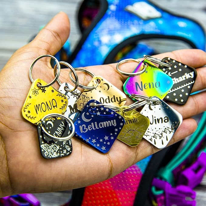 Personalized Dog Tag with 5 Lines of Custom Deep Engraved Durable Stainless Steel Pet ID Name Tag Designer Regular Size Diamond-Mewly Pet