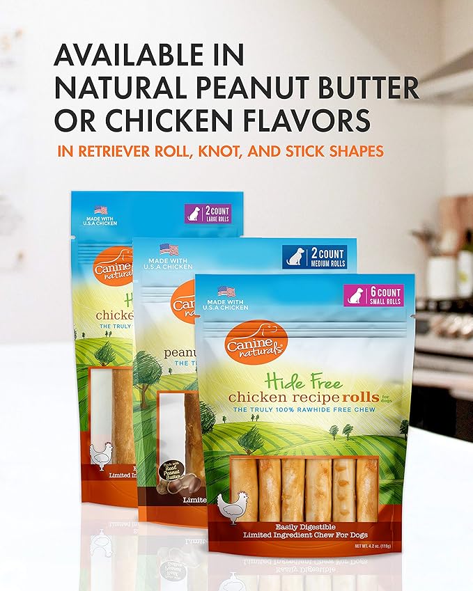 Canine Naturals Peanut Butter Chew - 100% Rawhide Free Dog Treats - Made with Real Peanut Butter - All-Natural and Easily Digestible - 2 Pack of 7 Inch Large Rolls for Dogs 50 lbs and up-Mewly Pet