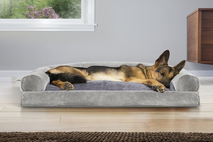 Furhaven Pillow Dog Bed for Large Dogs w/ Removable Bolsters & Washable Cover - Faux Fur & Velvet Sofa - Smoke Gray, Jumbo/XL-Mewly Pet