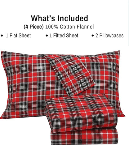 RUVANTI Flannel Sheets Full Size - 100% Cotton Double Brushed Bed Sheets Set, Deep Pockets 16 Inches, All Seasons Breathable & Extra Soft Full Sheets, Warm & Cozy, 4 Piece, Red Plaid