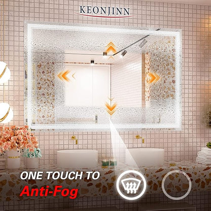 Keonjinn LED Bathroom Mirror with Lights, 60 x 40 Inch, Dimmable, Anti-Fog, Waterproof, Wall Mounted, Home Mirror