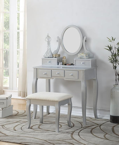 Roundhill Furniture Ashley Silver Wood Makeup Vanity Table and Stool Set, Sliver