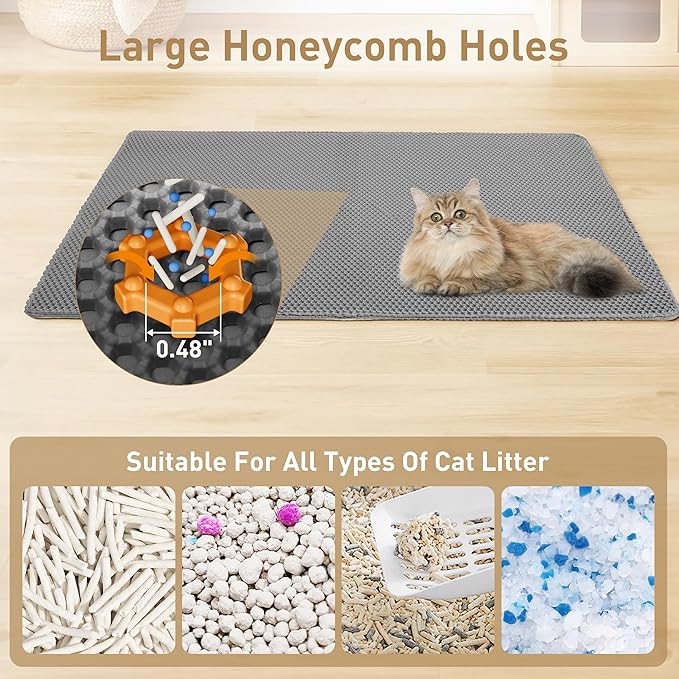 Large Cat Litter Mat for Litter Box, 47"×27.5" Double Layer Trapping Mat, Non-Slip Water Proof Kitty Litter Pad, Grey-Mewly Pet
