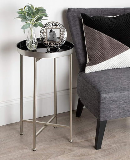 Kate and Laurel Celia Round Metal Foldable Tray Accent Table, 14" x 14" x 25.75", Black and Silver, Modern Minimalist Design and Magnetic Tabletop