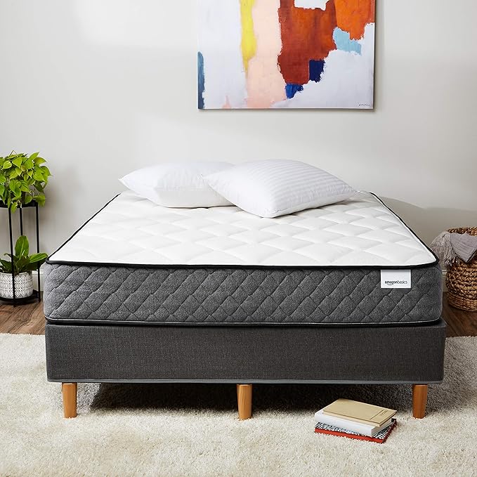 Amazon Basics Memory Foam Mattress, Queen Size Mattress, Hybrid, 12 Inch, Medium Feel, Motion Isolation Springs, White/Gray