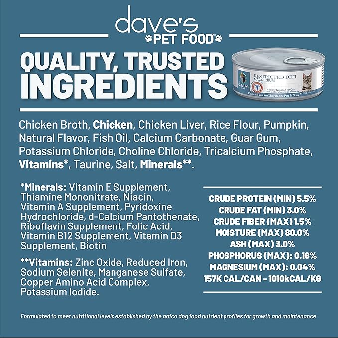 Dave's Pet Food Urinary Tract Cat Food Wet (Chicken Pate in Gravy), Non-Prescription Low Magnesium Restricted Diet Canned Cat Food, Added Vitamins, Vet Recommended, 5.5 oz (24 Pack)-Mewly Pet