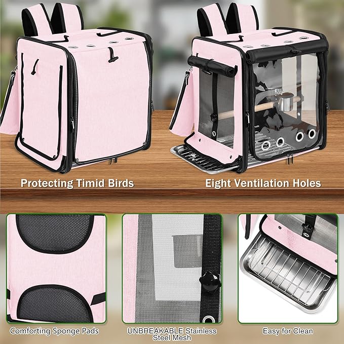 Suertree Bird Carrier with Seat Belt for Car Travel, Bird Backpack Carrier with Indestructible Stainless Steel Mesh, Large Bird Carrier Travel Cage, Pink-Mewly Pet