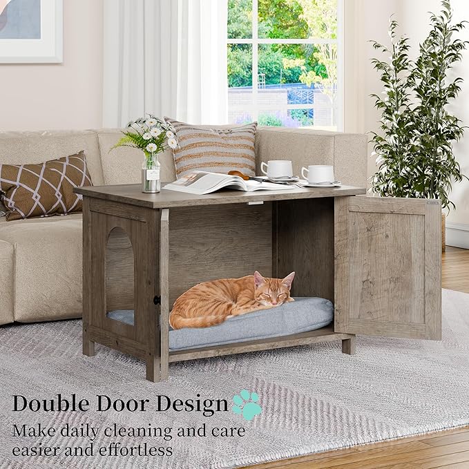 Vongrasig Cat Litter Box Enclosure,Litter Box Furniture Hidden with Barn Door,Wooden Cat Washroom Furniture,Cat House,End Table, Fit Most of Litter Box, Grey-Mewly Pet