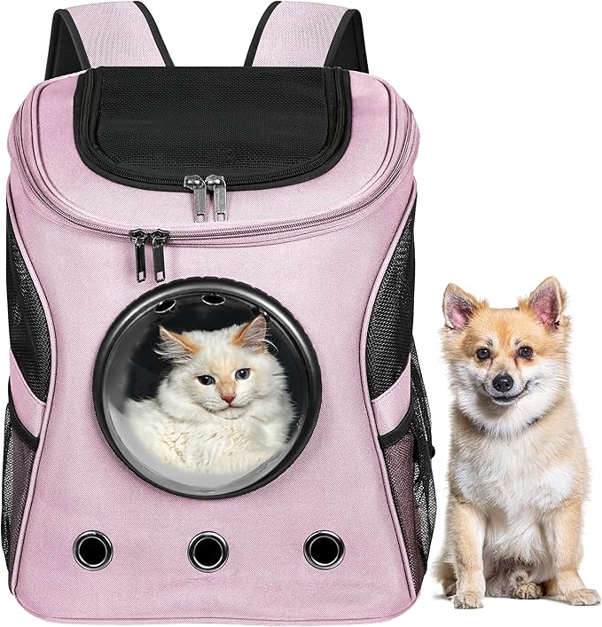 Cat Backpack Carrier, Airline Approved, Space Capsule Bubble Design, Ideal for Cats & Dogs up to 28-35 lbs, with Strong Straps, Safety Zippers, Mesh, Comfortable for Hiking & Travel (Pink)-Mewly Pet