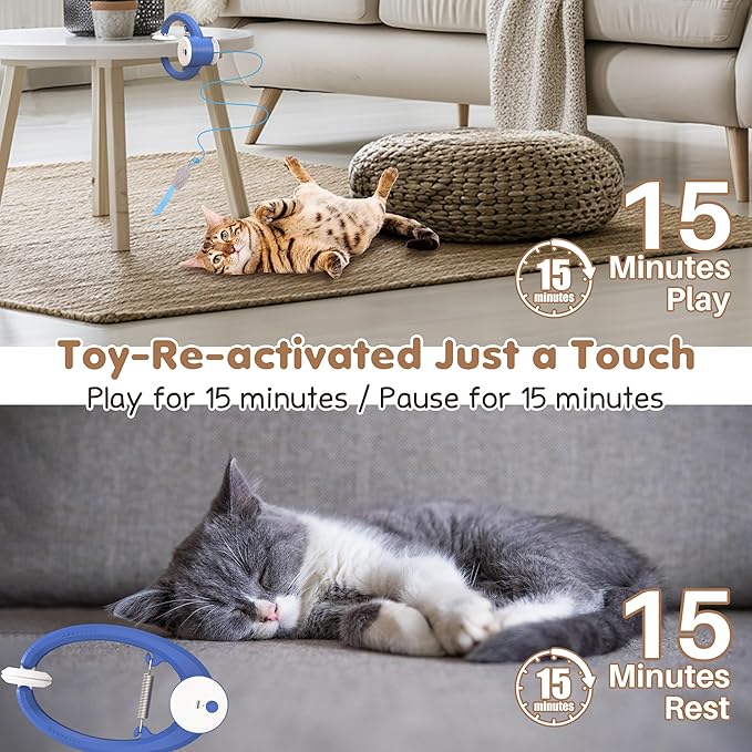Interactive Cat Toys Rechargeable, Feather Toy for Indoor Cat, Hanging Retractable Teaser Toy, Automatic Kitten Play Chase Exercise Toys with Three Plush Mouse, USB Powered (Blue)-Mewly Pet