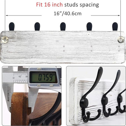 WEBI Coat Rack Wall Mount,Coat Hooks Wall Mounted,16" Hole to Hole,Coat Hanger Wall,Wood Hook Rack Rail,5 Triple Hooks for Hanging Coats,Jacket,Clothes,Black/White