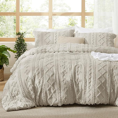 Bedsure Tufted Boho Comforter Set King Size - Linen Boho Bed Set, GentleSoft™ 3 Pieces Farmhouse Shabby Chic Embroidery Bedding, Gifts for Woman, Soft Jacquard King Comforter for All Seasons