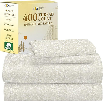 California Design Den Printed King Size Sheets Set - Luxury 400 Thread Count Sateen, Natural 100% Cotton Sheets, Deep Pockets, Cooling and Durable Bedding Set - Paisley Beige