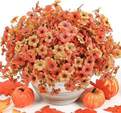 SHareconn 48 Bundles Artificial Fall Flowers for Outdoors Decoration, UV Resistant Silk Eucalyptus Lavender Faux Autumn Fake Plants for Outside Indoor Garden Yard Porch Home Decor, Autumn Orange-Red