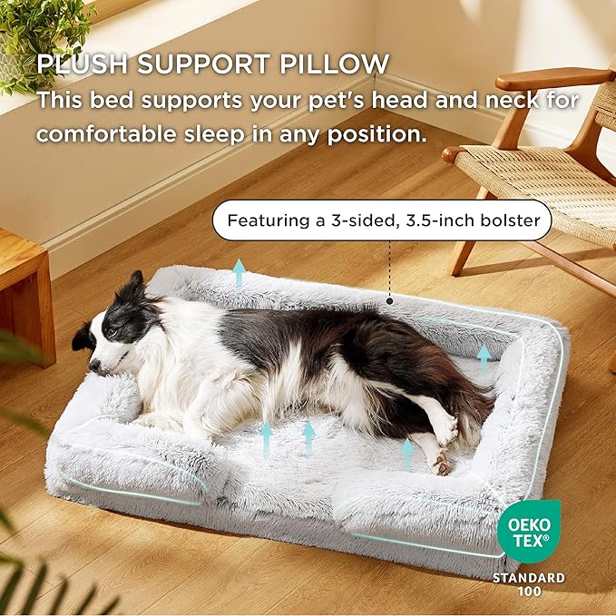 Bedsure Orthopedic Dog Beds Large Sized Dog - Washable Large Dog Cat Bed Waterproof, Comfort Dogs Couch Sofa with Washable Removable Cover, Pet Bed with Nonskid Bottom, Long Faux Fur-Misty Grey, 35"-Mewly Pet