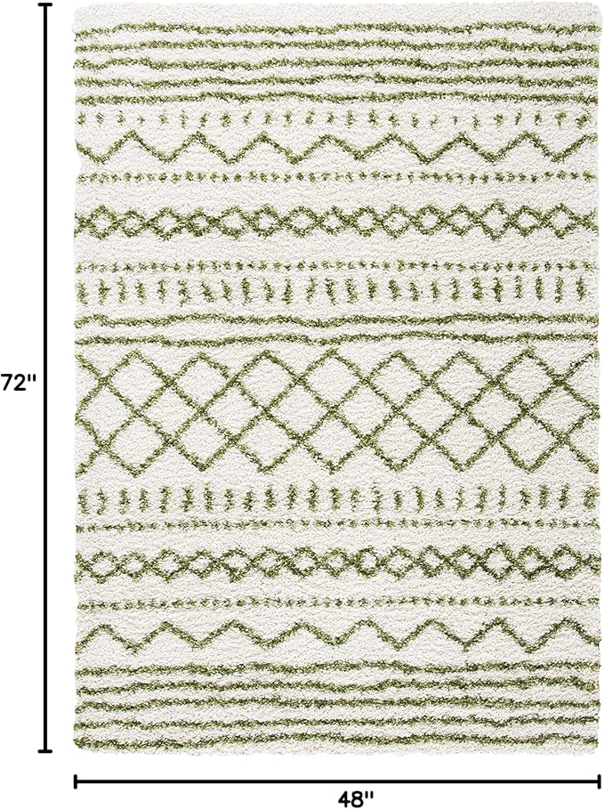 SAFAVIEH Arizona Shag Collection Accent Rug - 4' x 6', Ivory & Green, Moroccan Design, Non-Shedding & Easy Care, 1.6-inch Thick Ideal for High Traffic Areas in Entryway, Living Room, Bedroom (ASG741Y)