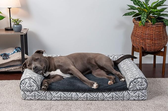Furhaven Orthopedic Dog Bed for Large/Medium Dogs w/ Removable Bolsters & Washable Cover, For Dogs Up to 55 lbs - Plush & Southwest Kilim Woven Decor Sofa - Boulder Gray, Large-Mewly Pet