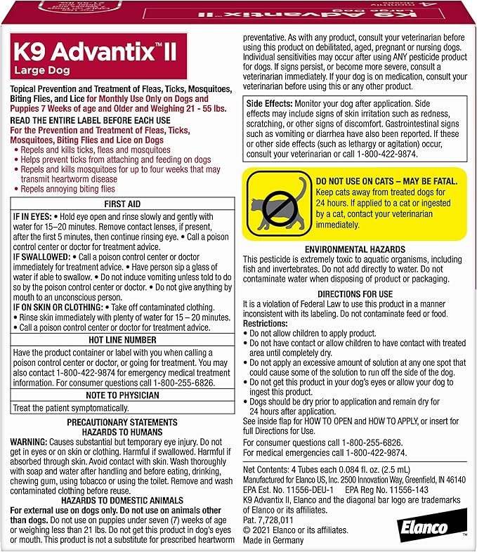 K9 Advantix II Large Dog Vet-Recommended Flea, Tick & Mosquito Treatment & Prevention | Dogs 21 - 55 lbs. | 4-Mo Supply-Mewly Pet