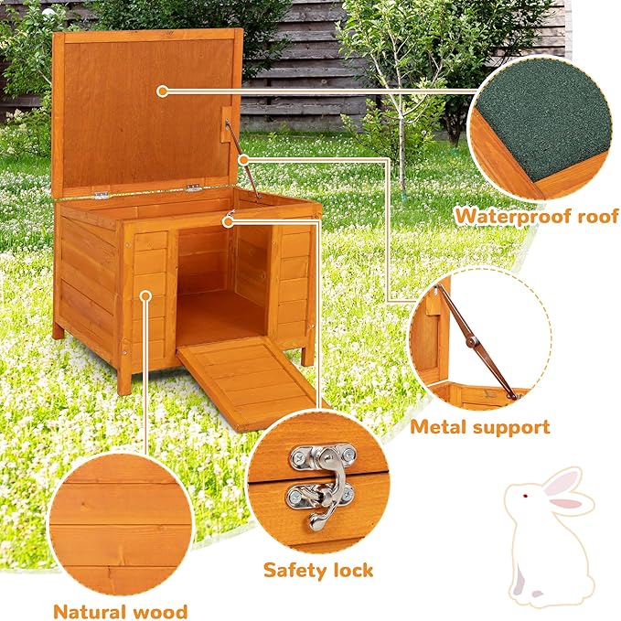 COZIWOW 24inches Wooden Catio Outdoor Cat House Small Animal House，Rabbit Hutch Indoor，Stable Weatherproof Bunny Cage Pet Shelter for Small Cat Dog Rabbit Guinea Pig(Orange)-Mewly Pet