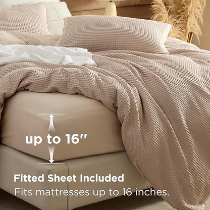 Bedsure 100% Cotton Duvet Cover King Size with Fitted Sheet - 4 Pieces Khaki Waffle Weave Bedding Set, GentleSoft™ and Breathable, Includes 1 Duvet Cover 104x90, 1 Fitted Sheet, 2 Pillow Shams