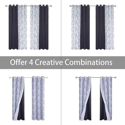 BONZER Mix and Match Curtains - 2 Pieces Branch Print Sheer Curtains and 2 Pieces Blackout Curtains for Bedroom Living Room Grommet Window Drapes, 37x84 Inch/Panel, Grey Dark, Set of 4 Panels
