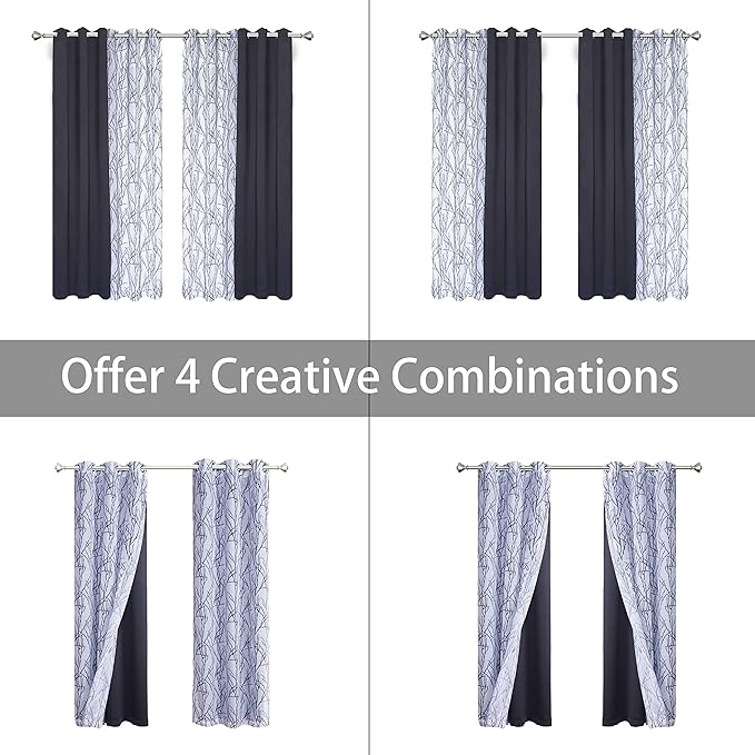 BONZER Mix and Match Curtains - 2 Pieces Branch Print Sheer Curtains and 2 Pieces Blackout Curtains for Bedroom Living Room Grommet Window Drapes, 37x95 Inch/Panel, Grey Dark, Set of 4 Panels