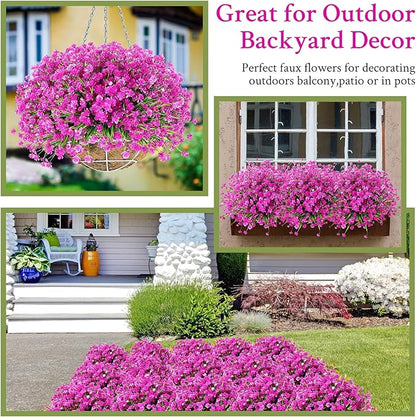 Hoteam 40 Bundles Outdoor Artificial Flowers Plants UV Resistant Outside Faux Flowers Plastic Fake Plants Outdoor Summer Fall Four Seasons Decoration Shrubs Garden Porch, Purple Red