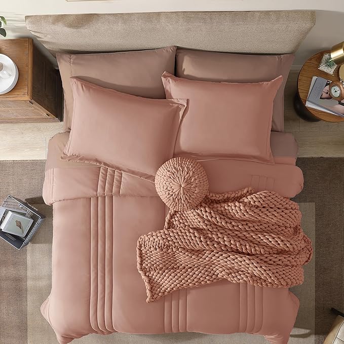 Monbix Queen Comforter Set - 7 Pieces Clay Pink Bed in a Bag Queen Bedding Sets with Comforters, All Seasons Down Alternative Comforter Bed Set with Sheets, Pillowcases & Shams