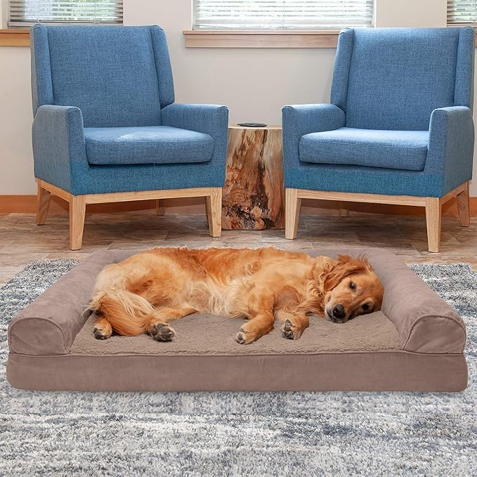 Furhaven Cooling Gel Dog Bed for Large Dogs w/ Removable Bolsters & Washable Cover, For Dogs Up to 95 lbs - Plush & Suede Sofa - Almondine, Jumbo/XL-Mewly Pet