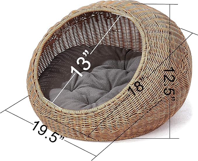 D+GARDEN Wicker Cat Bed Dome for Medium Indoor Cats - a Covered Cat Hideaway Hut of Faux Rattan Houses Pets in Dome Basket, Washable-Mewly Pet
