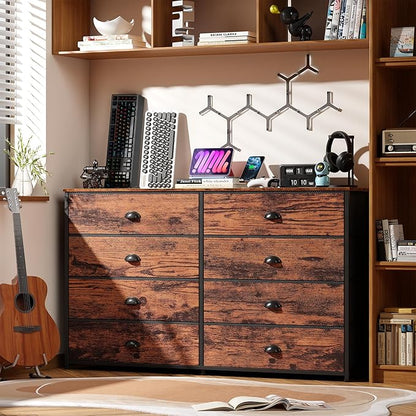 Furnulem Long Dresser for Bedroom, TV Stand for 55'' TV, Wide Storage Drawer Unit with 8 Fabric Bins, Double Dresser for Bedroom, Office, Dorm, Closet, Entryway, Wood Top (Rustic Brown)