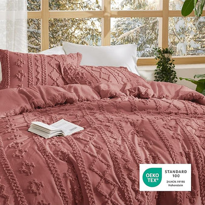 Bedsure Tufted Boho Comforter Set Twin Size - Grayish Pink Boho Bed Set, GentleSoft™ 2 Pieces Farmhouse Shabby Chic Embroidery Bedding, Gifts for Woman, Soft Jacquard Twin Comforter for All Seasons