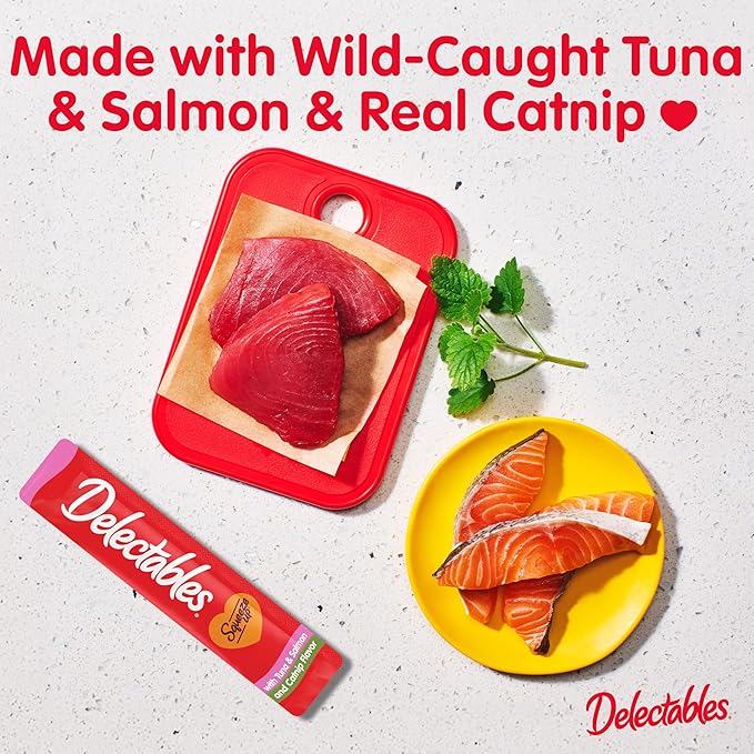 Delectables Squeeze Up Creamy Squeezable Puree, Lickable Wet Cat Treats, Grain Free, No Added Fillers, No By-Products, No Added Preservatives, 0.5 Ounces Tube Tuna & Salmon with Catnip, 32 Tubes Total-Mewly Pet
