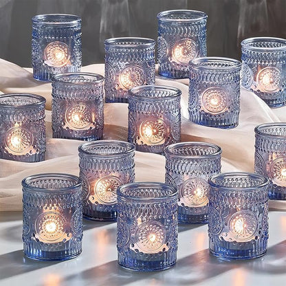 30 Pack Clear Glass Votive Candle Holders, Vintage Candle Holder Bulk, Tealight Candle Holders for Table Centerpieces, Home, Bridal Shower, Birthday, Christmas, Thanksgiving Party Table Decor (Blue)