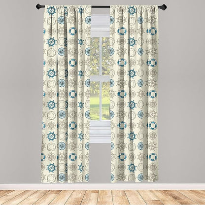 Ambesonne Compass Window Curtains, Marine Themed Doodle Art Vintage Inspirations Traveling Exploration Cruise Pattern, Lightweight Decor 2-Panel Set with Rod Pocket, Pair of - 28" x 84", Beige Teal