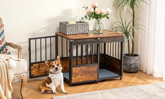 KOOPRO 32 Inch Dog Crate Furniture with Cushion for Large Medium Dogs, Wooden Heavy Duty Dog Kennel with Double Doors, Decorative Pet House Dog Cage Side End Table Indoor, Sliding Door Chew-Resistant-Mewly Pet